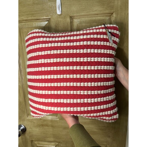 Creative Co-Op Woven Cotton Wool Striped Throw Pillow Salmon Cream 18" NEW NWT - Picture 1 of 4